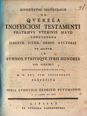 Dissertatio Inavgvralis De Qverela Inofficiosi Testamenti Fratribvs Vterinis Havd Concedenda