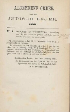 Algemeene order voor het indisch leger. 1880. No. 1. - No. 72.