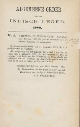 Algemeene order voor het indisch leger. 1880. No. 1. - No. 72.