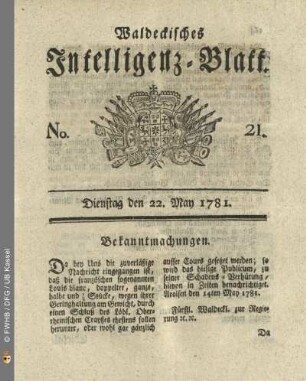 No. 21, Dienstag den 22. May 1781