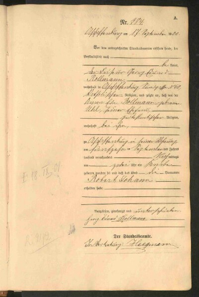 Standesamtsbuch der Stadt Aschaffenburg: Geburten 365/1900 - 184/1901