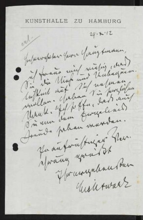 Brief von Alfred Lichtwark von Hamburger Kunsthalle an Gerhart Hauptmann