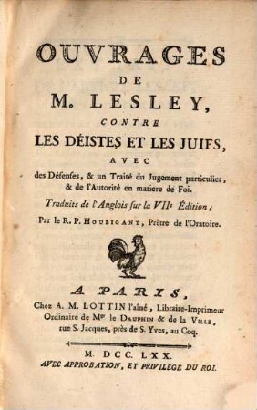 Ouvrages contre les deistes et les Juifs
