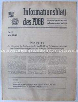 Informationsblatt des FDGB mit Hinweisen des Bundesvorstandes zur Verbesserung der Arbeit der BGL