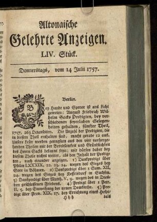 LIV. Stück. Donnerstags, vom 14 Julii 1757