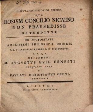 Disp. hist. crit. qua Hosium concilio Nicaeno non praesedisse ostenditur