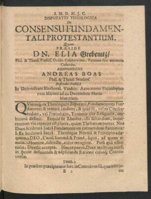 Disputatio Theologica De Consensu Fundamentali Protestantium