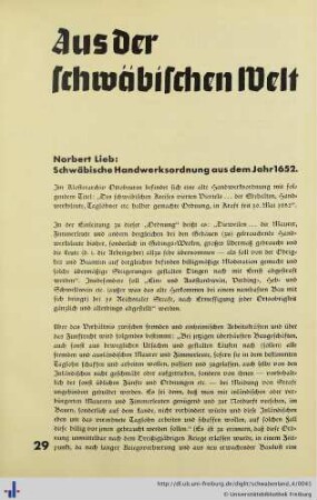 Schwäbische Handwerksordnung aus dem Jahre 1652.