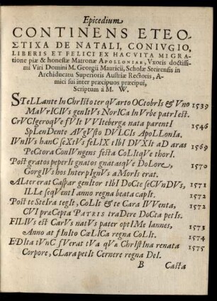 Epicedium Continens Eteostixa De Natali, Coniugio, Liberis Et Felici Ex Hac Vita ... Matronae Apolloniae ...