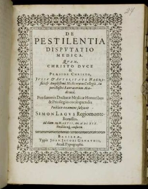 De Pestilentia Disputatio Medica