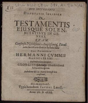 Disputatio Iuridica De Testamentis Eiusque Solennitatibus In Genere