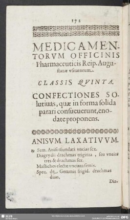 Medicamentorum Officinis Pharamceuticis Reip. Augustanae usitatorum. Classis Quinta. Confesctiones Solutiuas, quae in forma solida parari consueuerunt, enodate proponens