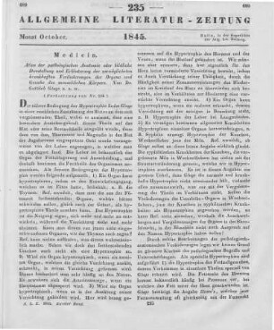 Gluge, G.: Atlas der pathologischen Anatomie oder Bildliche Darstellung und Erläuterung der vorzüglichsten krankhaften Veränderungen der Organe und Gewebe des menschlichen Körpers. Lfg. 5-7. Zum Gebrauche für Aerzte und Studierende. Jena: Mauke 1845 (Fortsetzung von Nr. 234)