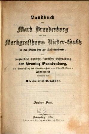Geographisch-historisch-Statistisches Landbuch der Provinz Brandenburg und des Markgrafthums Niederlausitz in der Mitte des 19. Jhrhndts.. 2