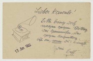 Postkarte mit Zeichnung [Grammophon] von George Grosz an Raoul Hausmann. Berlin