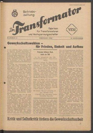 TRO-Betriebszeitung 'Der Transformator'; Nr. 2/1950 (Februar 1950)