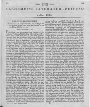 Rothe, R.: Die Anfänge der christlichen Kirche und ihrer Verfassung. Ein geschichtlicher Versuch. Bd. 1. Buch I-III. Nebst einer Beilage, über die Echtheit der Ignatianischen Briefe.  Zimmermann 1837 (Beschluss von Nr. 114)