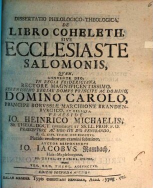 Dissertatio Philologico-Theologica, De Libro Coheleth, Sive Ecclesiaste Salomonis