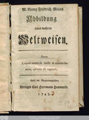 M. Georg Friedrich Meiers Abbildung eines wahren Weltweisen