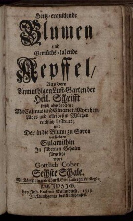 6: Hertz-erquickende Blumen und Gemüths-labende Aepffel. Sechste Schale.