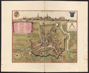 Stadtplan von Armentieres, Frankreich, ca. 1:5 000, kolorierter Kupferstich, ca. 1730 : Armentieres / Vedastus du Plouich Fecit. - [Ca. 1:5.000]. - Amstelodami//Amsterdam : F. de Wit, s.a. [ca. 1730]. - 1 Plan : Kupferstich ; 38 x 48 cm. - O oben. - Mit 1 Ansicht d. Stadt. - Titel oben Mitte, Erläuterungskartusche oben links. - Maßstab in graph. Form (Verges de Lille)