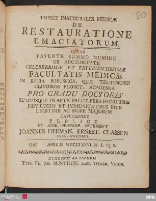 Theses Inaugurales Medicæ De Restauratione Emaciatorum