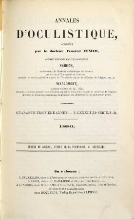 Annales d'oculistique. 83 = A. 43 = Sér. 12, T. 3. 1880