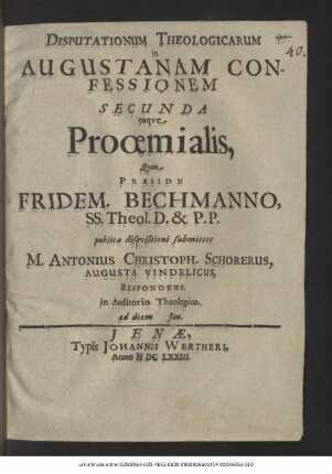 Disputationum Theologicarum in Augustanam Confessionem Secunda eaque Prooemialis