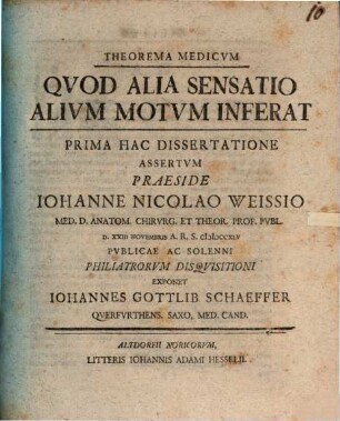 Iohannis Nicolai Weisii Med. D. Et P. P. In Acad. Altorf. Tetras Dissertationvm Medicarvm Qvibvs Theorema Medicvm Alia Sensatio Alii Motvs Adstrvitvr Applicatvr Limitatvr, 1[,2]. Theorema Medicvm Qvod Alia Sensatio Alivm Motvm Inferat