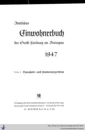 Amtliches Einwohnerbuch der Stadt Freiburg im Breisgau : 1947