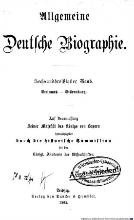 Allgemeine deutsche Biographie. 36, Steinmetz - Stürenburg