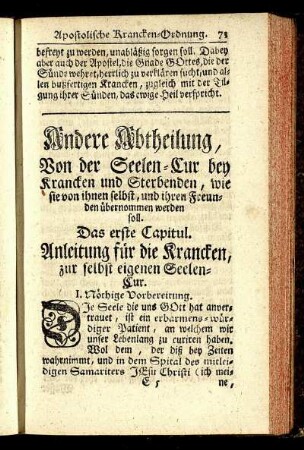 Das erste Capitul. Anleitung für die Krancken, zur selbst eigenen Seelen-Cur.