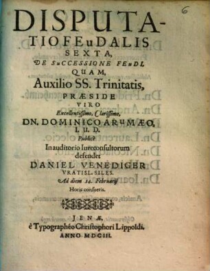 Disputatio Feudalis Sexta, De Successione Feudi
