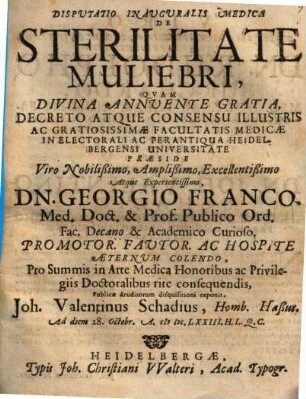 Disputatio Inauguralis Medica De Sterilitate Muliebri