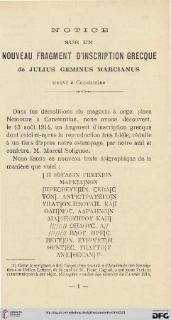 Sér. 5: Notice sur un nouveau fragment d'inscription grecque de Julius Geminus Marcianus trouvé à Constantine