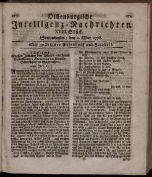 XVIII. Stück. Sonnabends: den 2. May 1778.