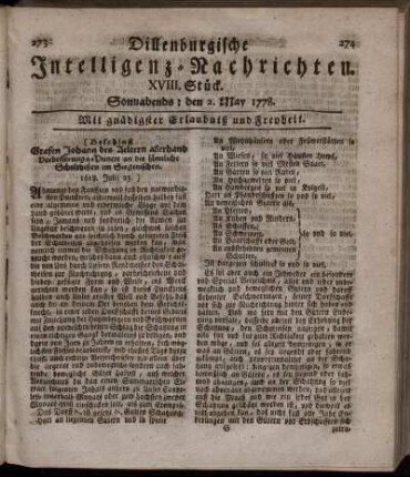 XVIII. Stück. Sonnabends: den 2. May 1778.