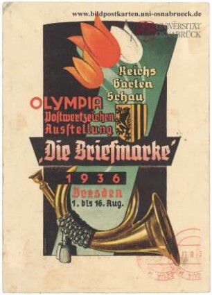 Reichsgartenschau - Olympia Postwertzeichen Ausstellung "Die Briefmarke"1936, Dresden, 1. bis 16. August