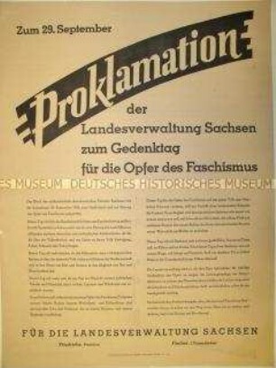 Maueranschlag mit Proklamation der Landesverwaltung Sachsen zum Gedenktag für die Opfer des Faschismus