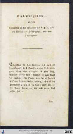 Einleitungsrede, an die Einwohner in den Staaten des Kaisers, über den Verfall der Pferdezucht, von dem Herausgeber.