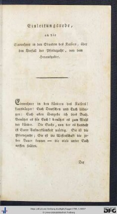 Einleitungsrede, an die Einwohner in den Staaten des Kaisers, über den Verfall der Pferdezucht, von dem Herausgeber.