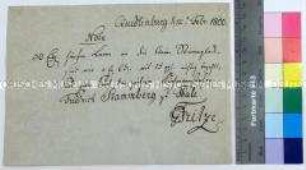 Quittung des G. Fritze über Auszahlung einer Geldsumme für Arbeiten an der Kirchenglocke durch den Kirchenvorsteher Friedrich Stammberg