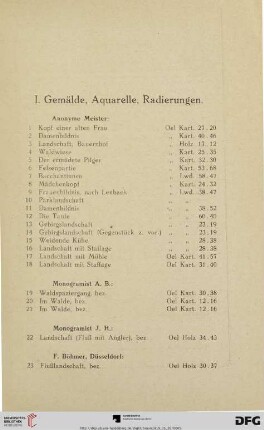 I. Gemälde, Aquarelle, Radierungen (Nr. 1-111)