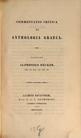 Commentatio critica de anthologia Graeca