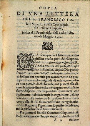 Lettere Del Giapone De Gli Anni 74, 75, & 76 : Scritte Dalli Reverendi Padri della Compagnia di Giesù, & die Portughese tradotte nel volgare Italiano