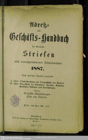 1887: Adreß- und Geschäfts-Handbuch der Gemeinde Striesen : nebst neuaufgenommenen Situationsplan