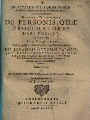 Selectarvm Juris Qvaestionum Ad faciliorem Paratitlorum Wesenbecii intellectum directarum Disputatio ..., Disputatio XIII.