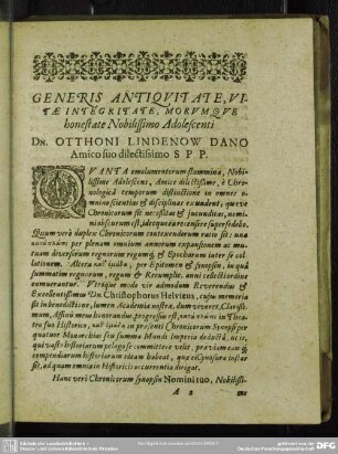 Generis Antiquitate, Vitae Integritate, Morumque bonestate Nobilissimo Adolescenti, Dn. Otthoni Lindenow Dano Amico suo dilectissimo S.P.P