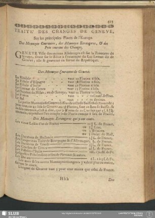 Traité Des Changes De Geneve, Sur les principales Places de l'Europe. Des Monnoyes Courantes, des Monnoyes Etrangeres, & des Prix courans des Changes