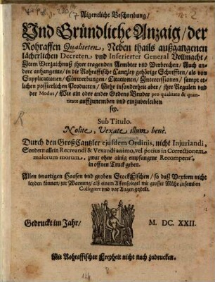 Aigentliche Beschreibung der Rehraffen, Qualiteten, Neben theils außgegangenen lächerlichen Decreten vnd inserirter Geneal-Vollmacht